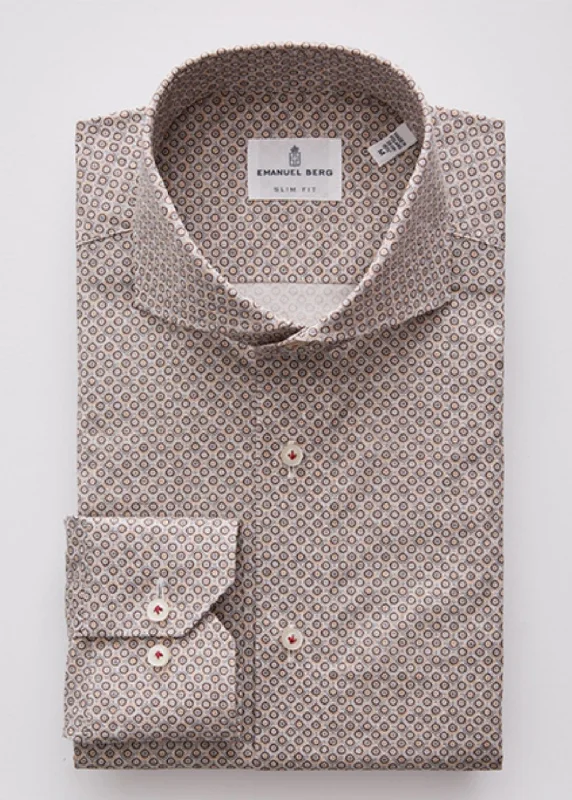 Men's Thermal - Lined Casual Shirts in Black for Added Warmth in Cold WeatherGeometric Printed Stretch Poplin Long Sleeve Shirt Brown SF18609