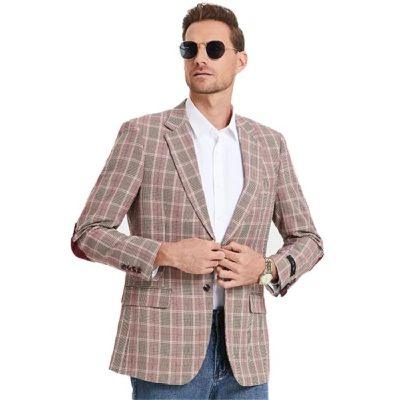 Men's Lightweight Linen - Blend Blazer in Beige for a Casual and Comfortable Summer EnsembleAres Collection: Burgundy Glen Check Pattern Slim Fit Blazer