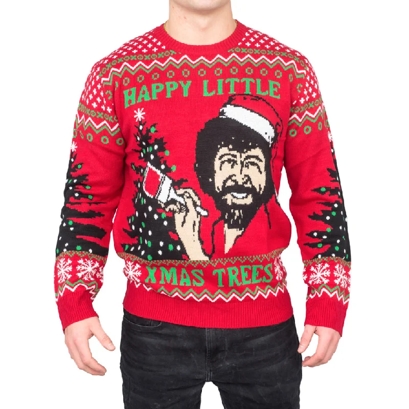 Men's Shearling - Lined Leather Sweater in Brown for a Rugged and Warm Winter EnsembleBob Ross Happy Little Xmas Trees Ugly Christmas Sweater