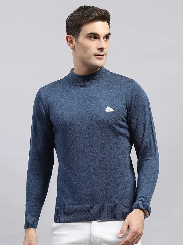 Plus Size Men's Striped Cotton - Blend Sweater in Navy and White for a Nautical - Themed VacationMen Blue Solid High Neck Full Sleeve Pullover