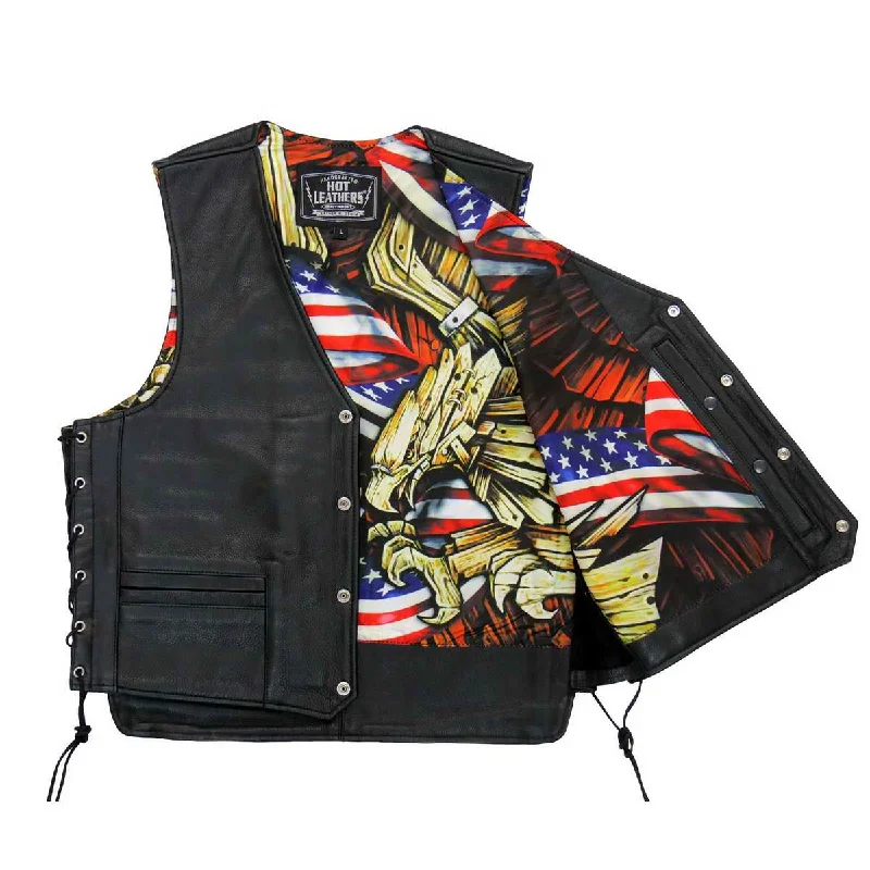 Men leather bomber jackets with ribbed cuffs and hem for a snug and retro feelHot Leathers VSM1065 Men's Black 'Wooded Eagle' Conceal and Carry Side Lace Leather Vest