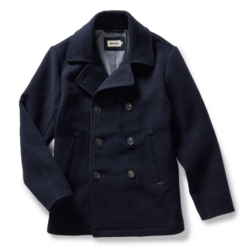 Men coats with a water - resistant finish for light rain and splashesThe Mariner Coat in Dark Navy Wool Men coats with a water - resistant finish for light rain and splashesThe Mariner Coat in Dark Navy Wool