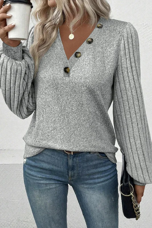 Men's long sleeve silk shirts in vibrant colors for a night outLight Grey Buttoned V Neck Ribbed Puff Sleeve Top