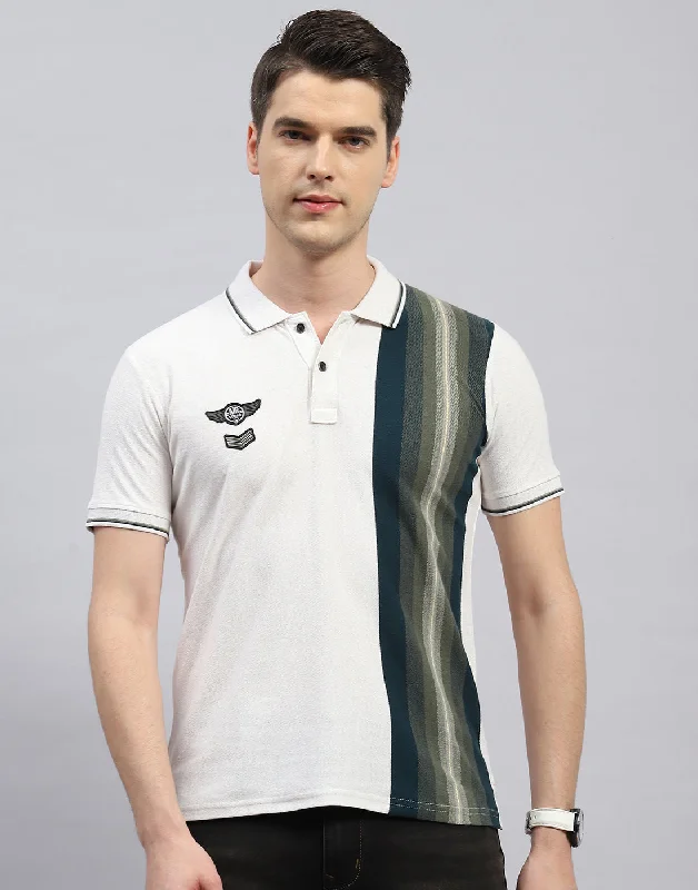 Men's UV - protected polo shirts for outdoor gardeningMen Off White Stripe Polo Collar Half Sleeve T-Shirt