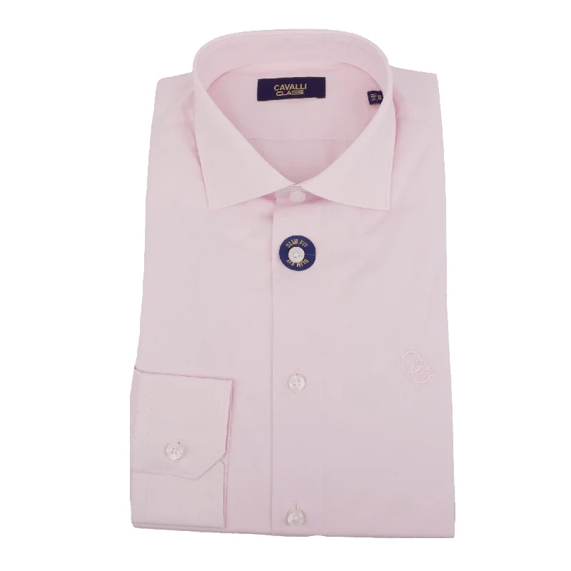 Men's long - sleeve henley t - shirts with button - down placketsCavalli Class Mens Pink Dress Shirts Long Sleeve With Emb