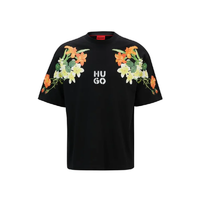 Men's distressed denim - look t - shirts with a rugged appealCotton-jersey T-shirt with floral print and stacked logo
